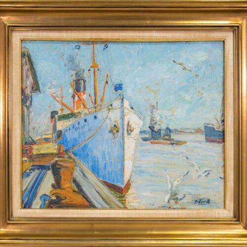 Painting of a shipyard. Ship next to pier along left side of image, boats and birds in the background to the right.